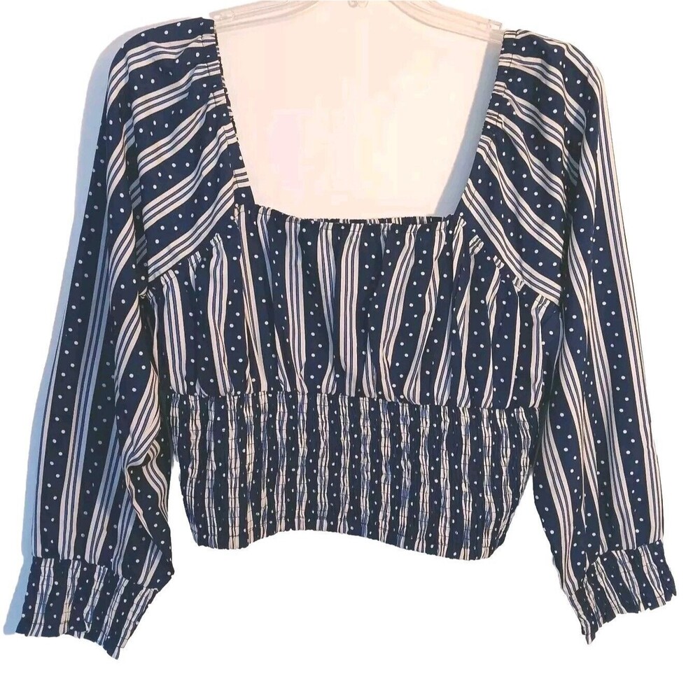 Women's Size 1X Navy/White Romantic Boho Crop Top w/Smocking and Puff Sleeves